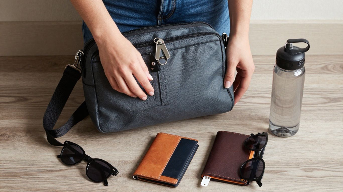 Frau packt Tasche für Städtetrip mit Reiseutensilien