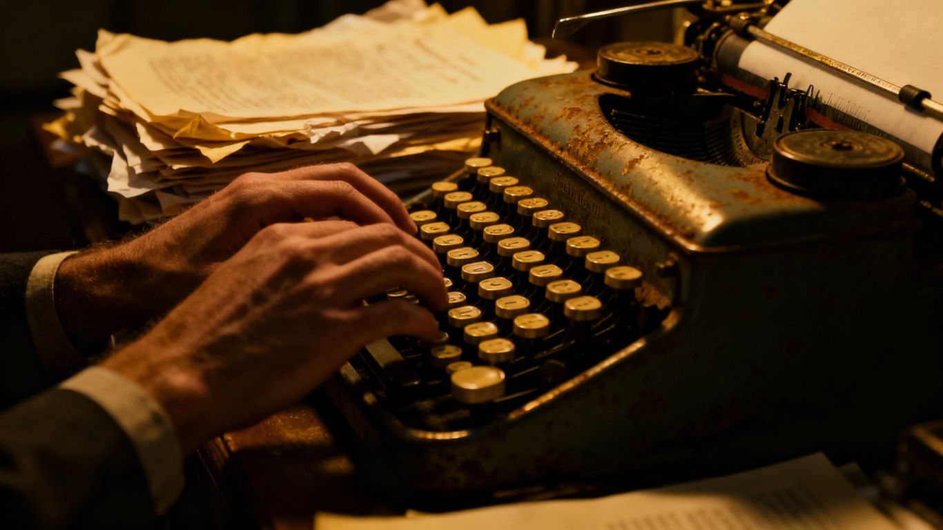 Journalist typing on a vintage typewriter.