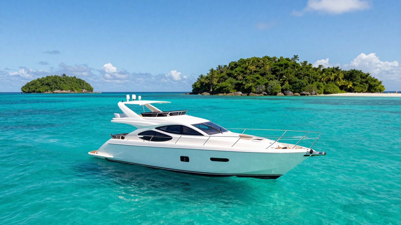 Luxury yacht sailing near tropical islands.