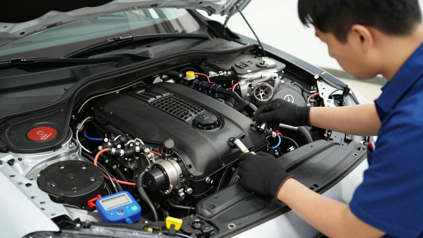 Technician inspecting Mercedes engine components