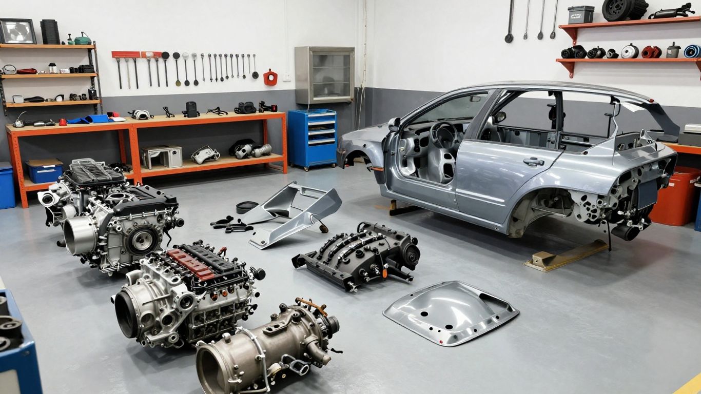 Mitsubishi car parts in a workshop