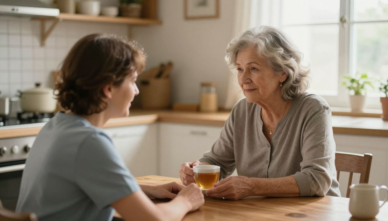 A compassionate in-home caregiver sits with an elderly woman at her kitchen table, sharing a warm cup of tea and a gentle conversation in a sunlit room.