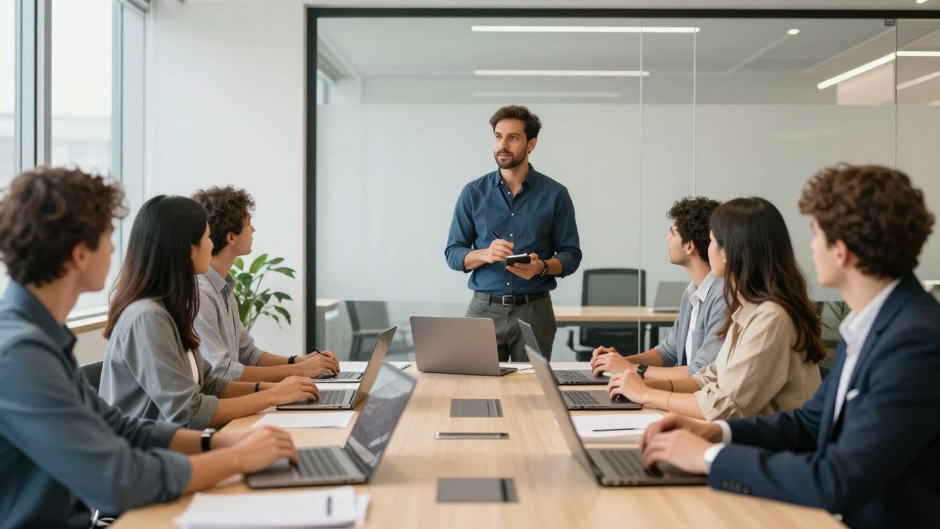 Employees discussing development goals in a modern office