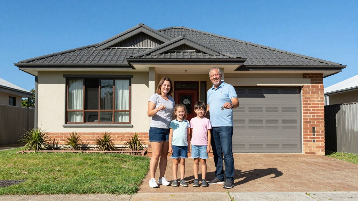 Family receiving house keys outside Australian home.