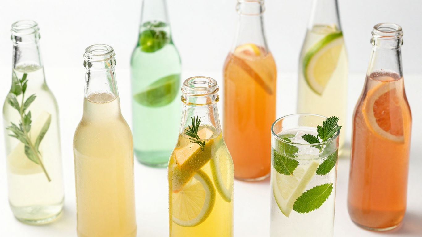 Assortment of colorful non-alcoholic drinks with fruit garnishes.