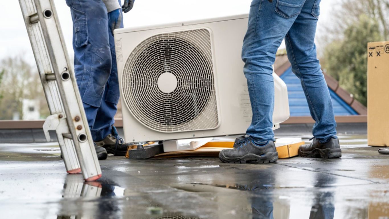 Workers installing an air conditioning unit on a wet rooftop.