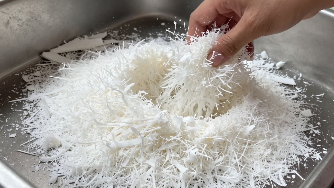 Shredded desiccated coconut flakes being processed