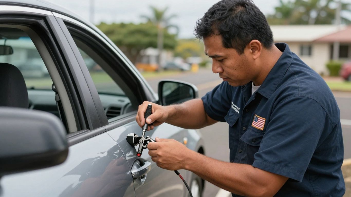 Honolulu auto locksmith fixing a car door lock.