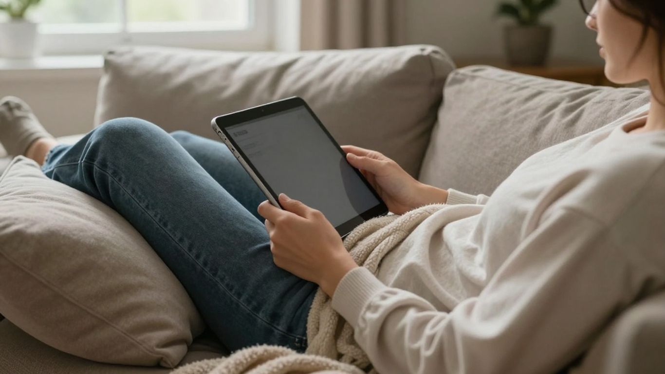 Person relaxing on couch with tablet during sick day.