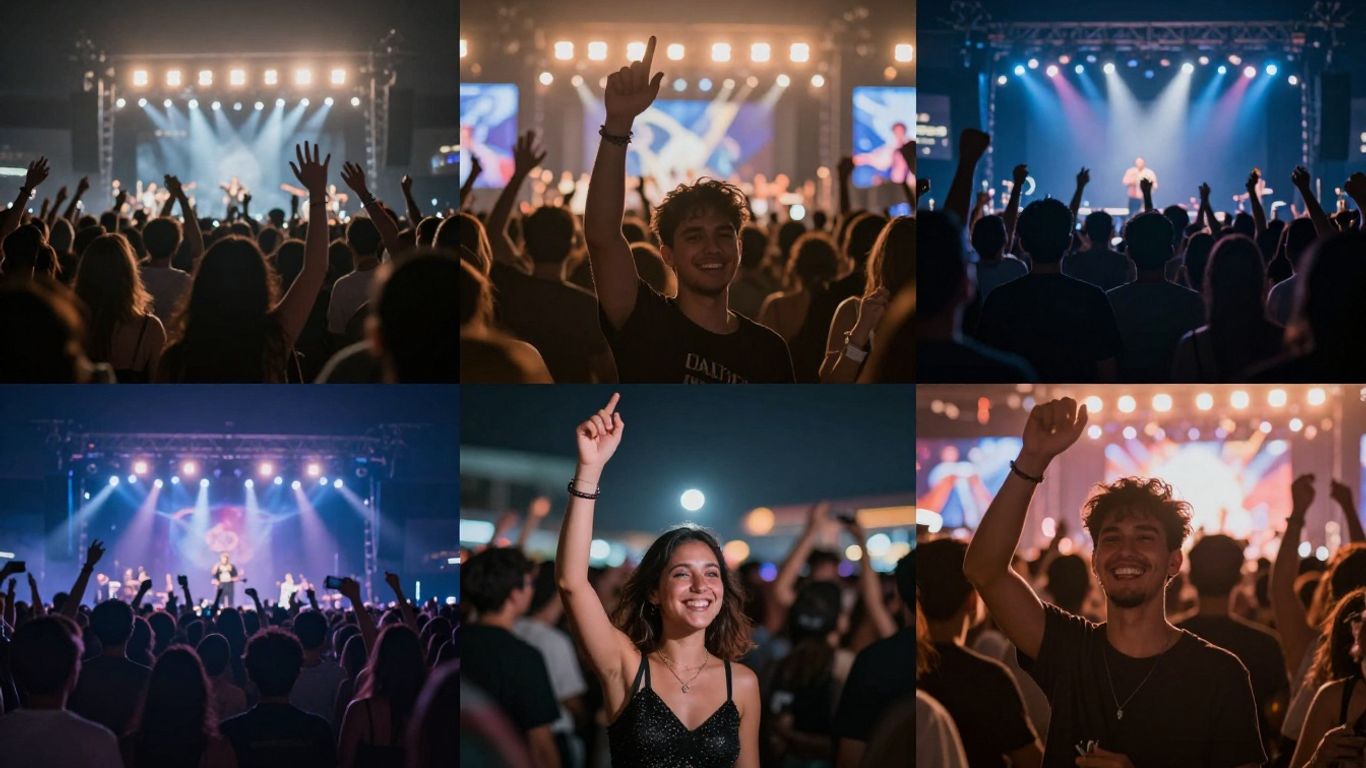 Feestelijke sfeer met lachende mensen en podiumlichten.