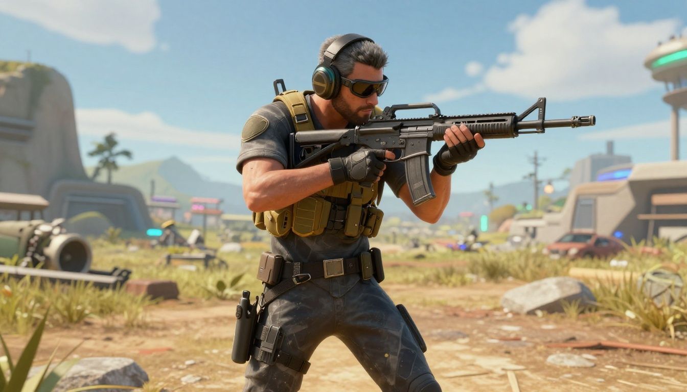 Um jogador de Fortnite em uma pose estratégica segurando um rifle de assalto em uma paisagem futurista e colorida