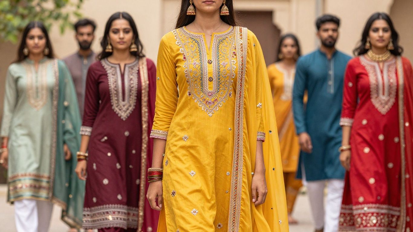 Authentic Indian ethnic fashion with vibrant colors and textures.