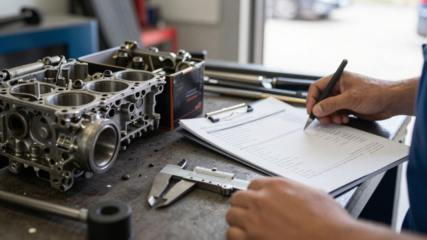 Mechanic comparing boxed engine parts and invoice