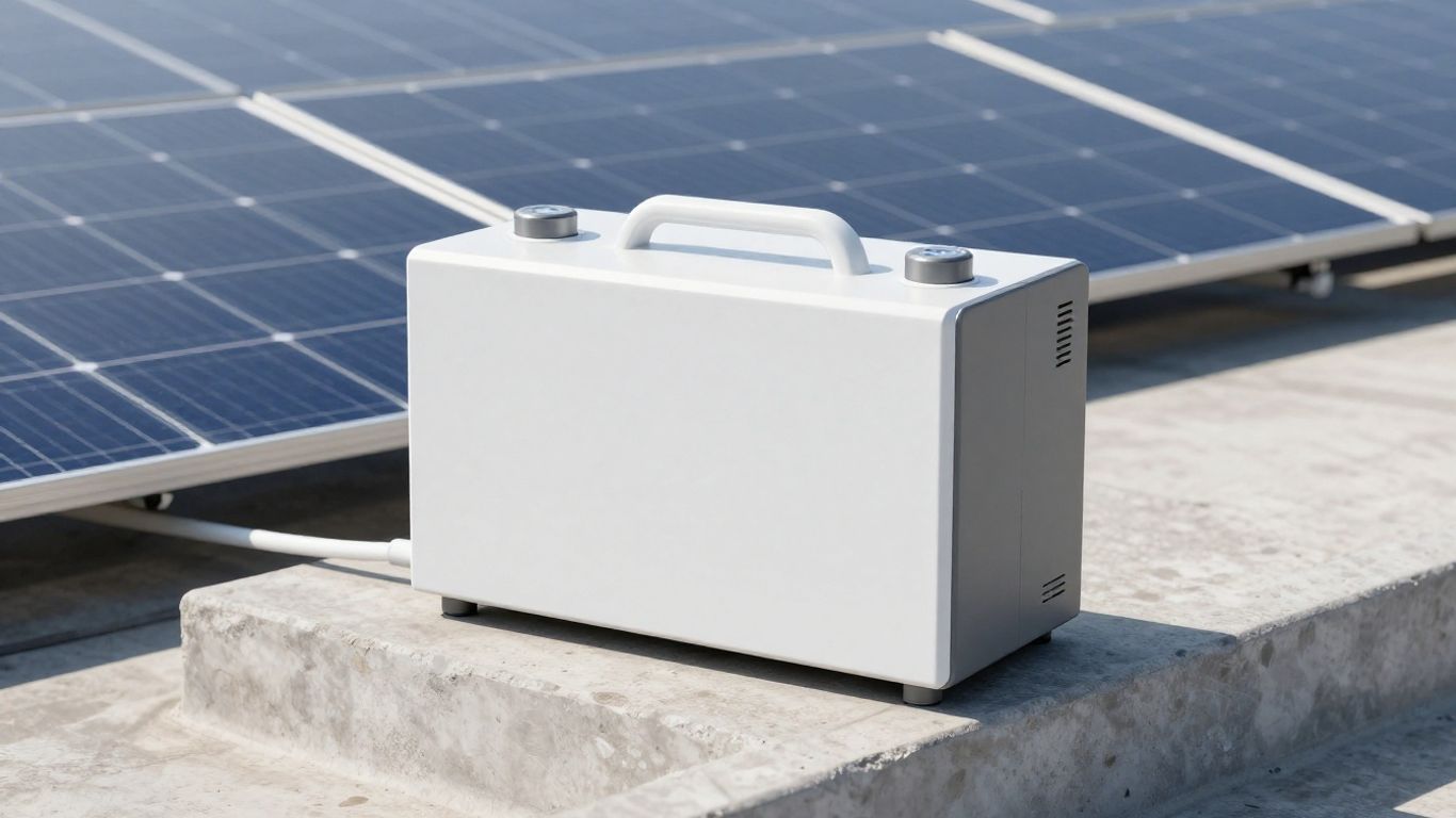 Batterie Sunology VAULT avec panneaux solaires sur un toit.