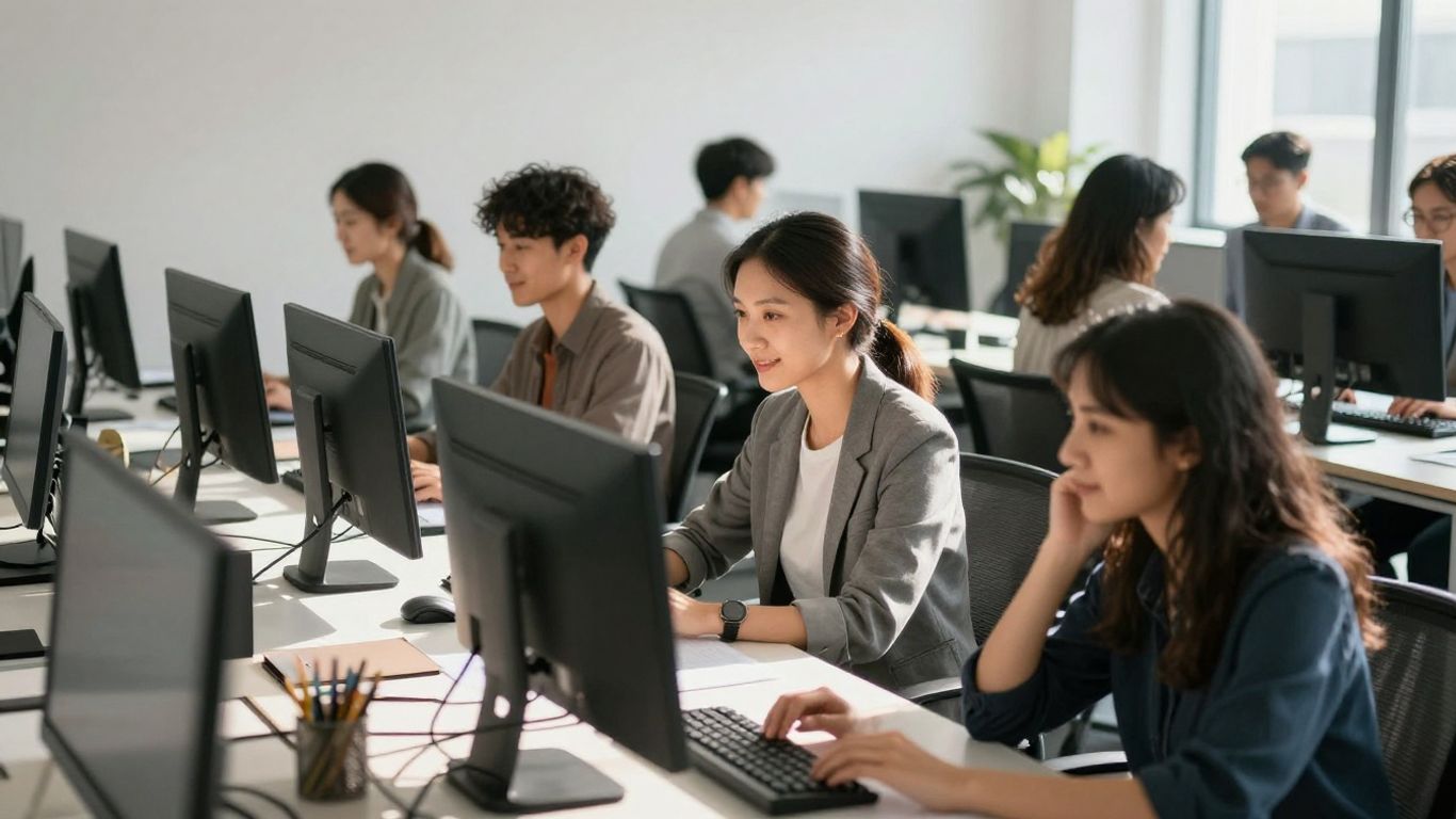 People working on computers in an Australian office.