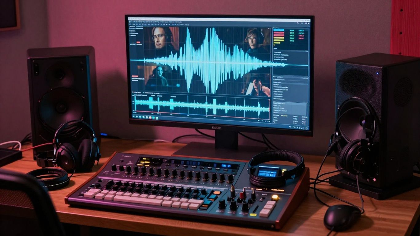 Audio waveform beside AI music video scenes