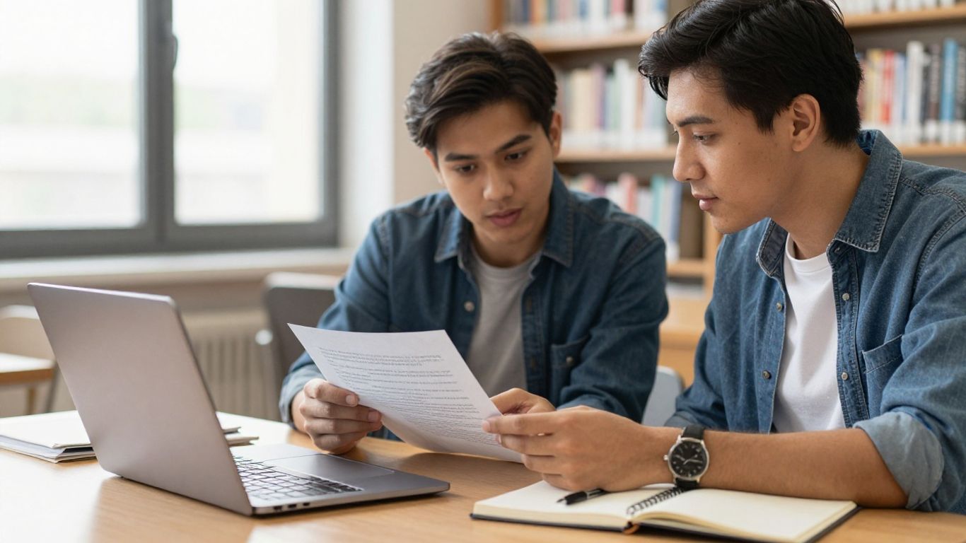 A person reviewing writing on laptop