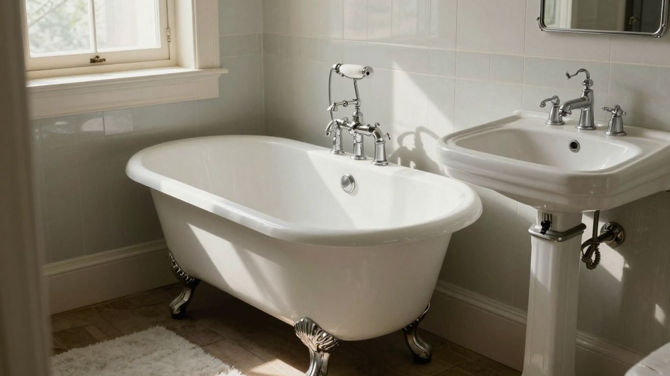 Vintage bathroom with clawfoot tub and sink.
