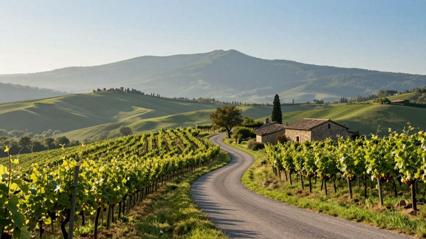 Winding road between Marche vineyards and hills