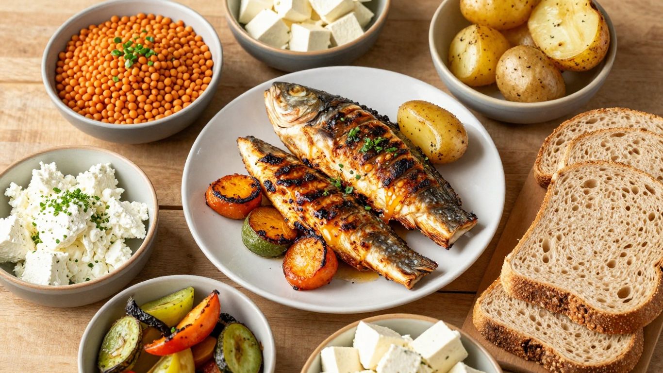 Colourful UK-style meals with varied protein sources