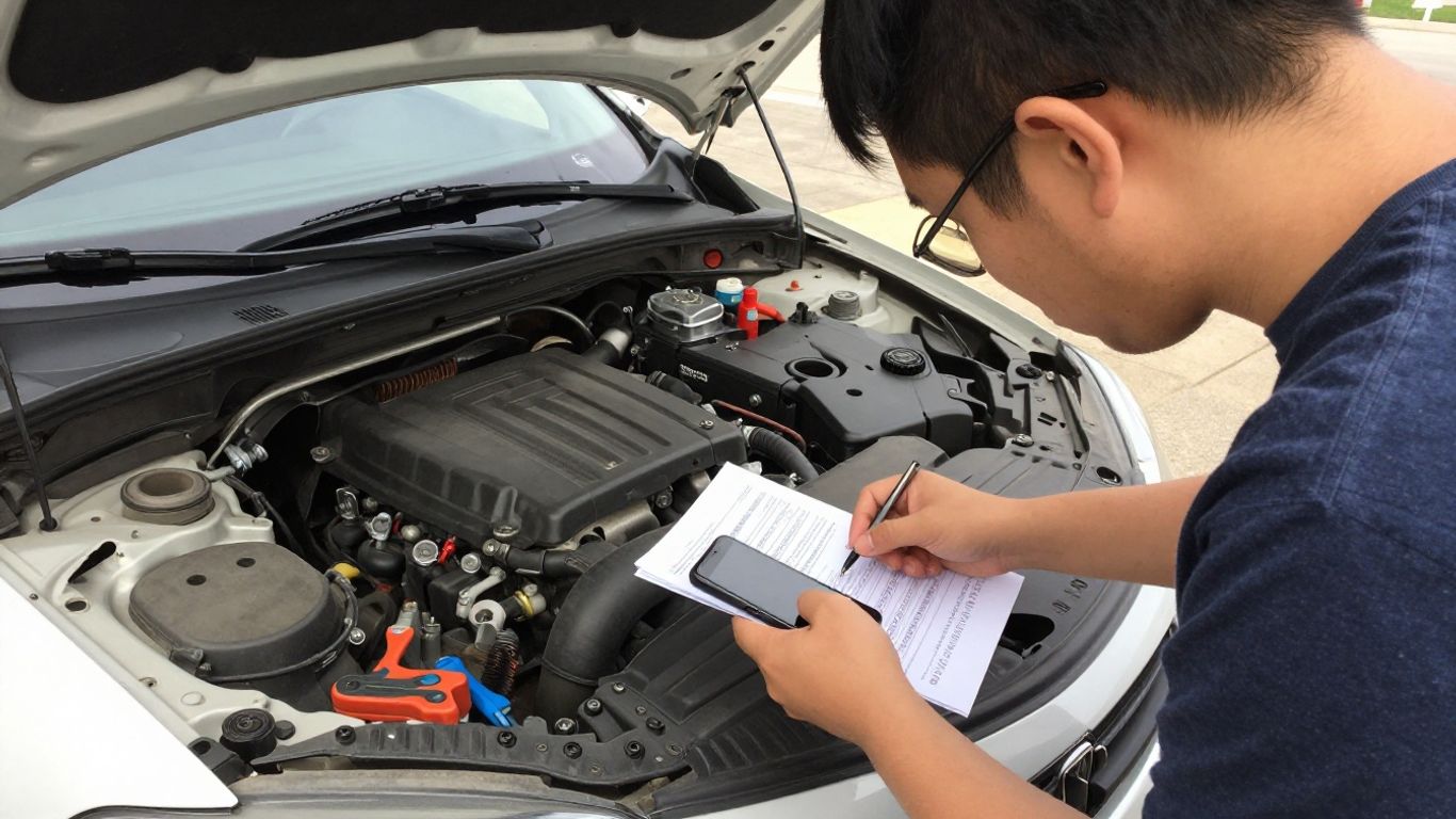 Driver checking vehicle details beside open car hood