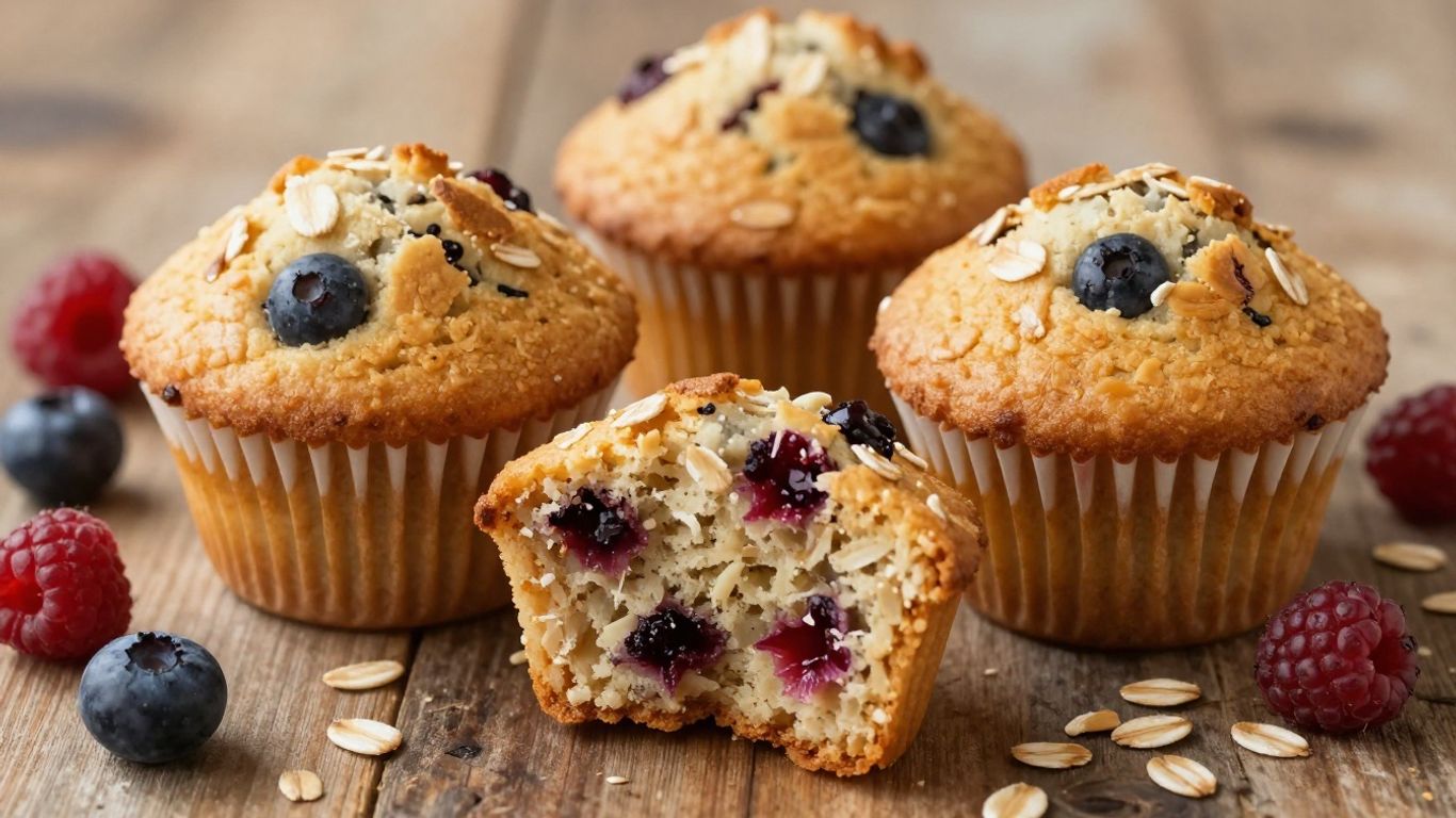 Healthy breakfast muffins with berries and oats.