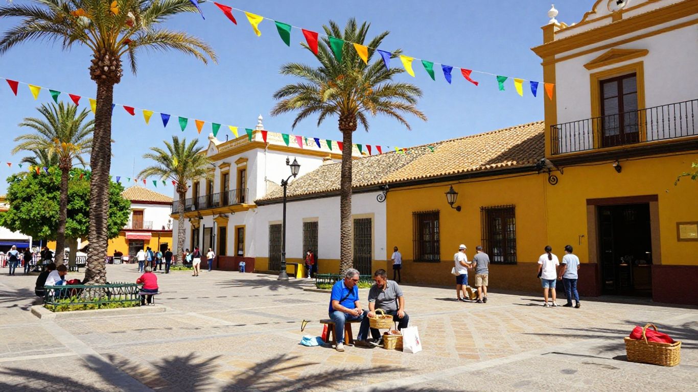 Festive Spanish plaza with flags and people enjoying a holiday.