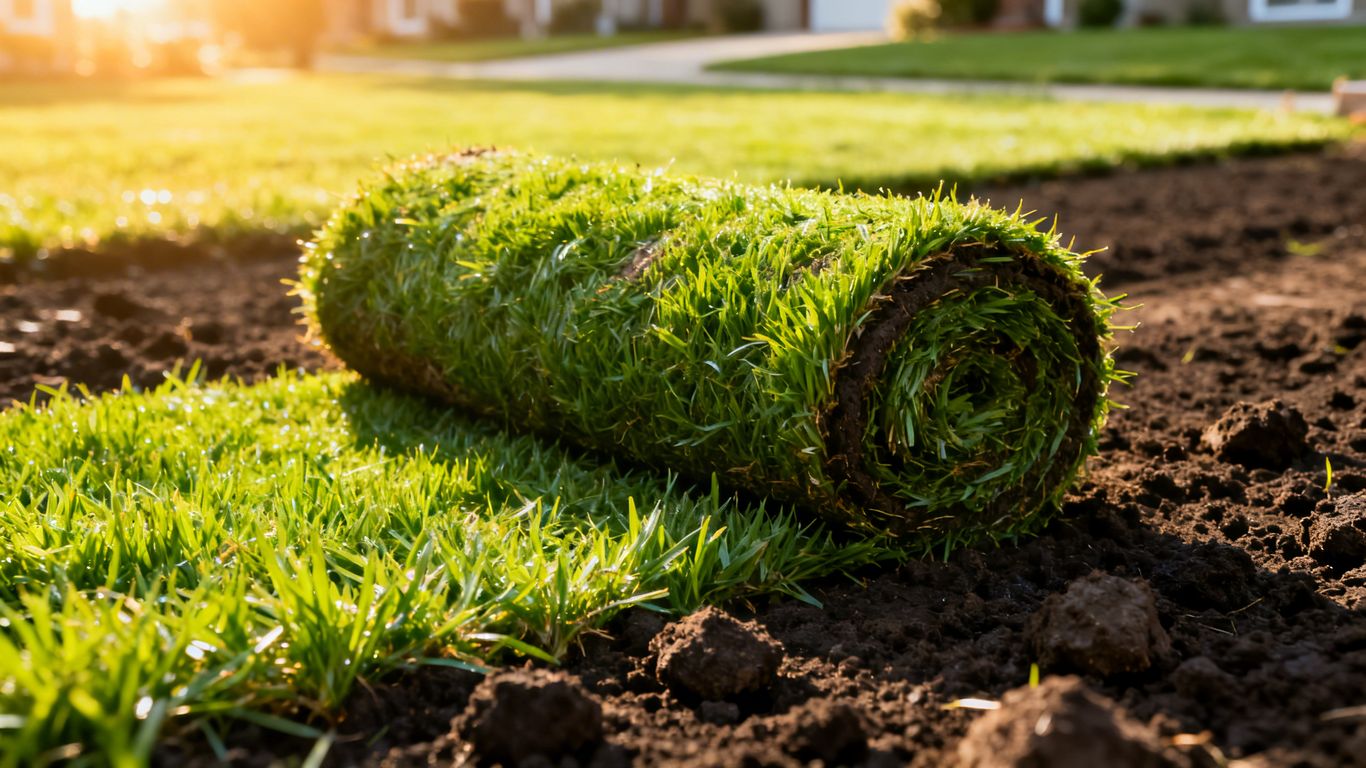 Green sod roll on soil, ready for spring installation.