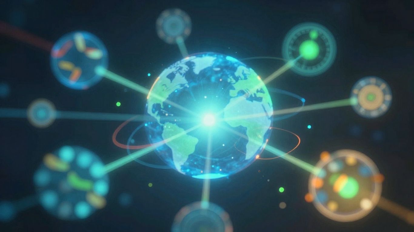 Digital landscape with interconnected nodes and glowing pathways.