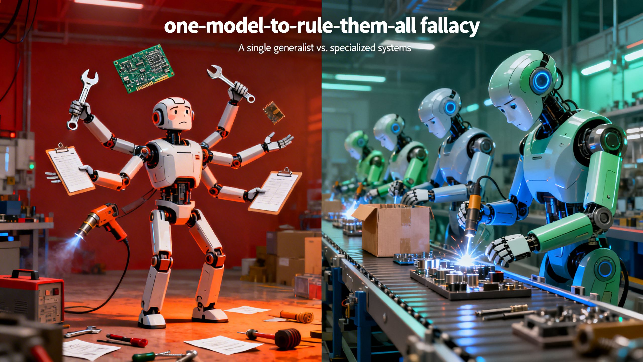 A single, overwhelmed robot trying to juggle dozens of tasks, contrasted with a smooth, organized assembly line of specialized robots, illustrating the 'one-model-to-rule-them-all' fallacy.