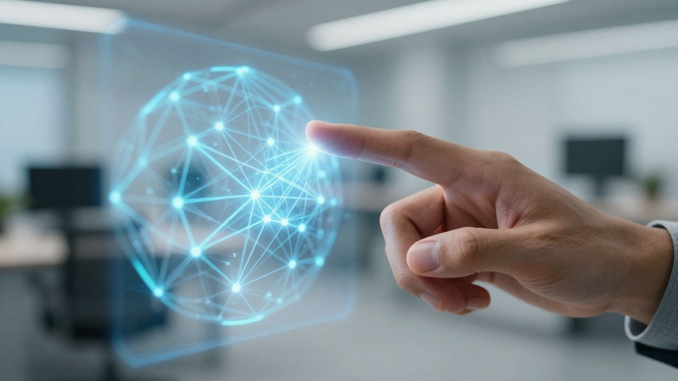 Main d'une personne interagissant avec une interface IA holographique.