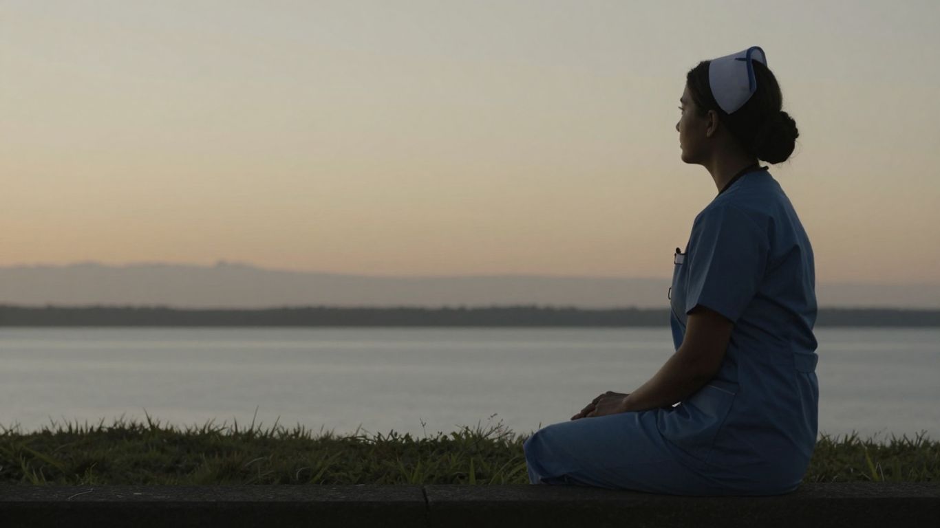 Nurse overlooking Australian landscape, mental health care.