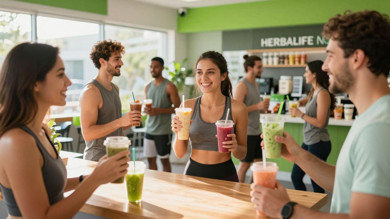 People enjoying healthy shakes at a vibrant Herbalife Nutrition club.