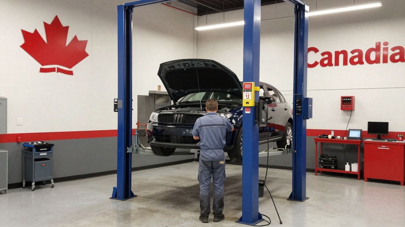 Canadian Tire auto service bay with mechanic working