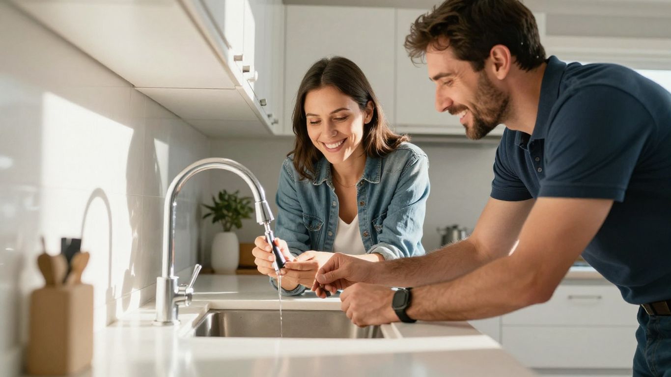 Reparación de grifo en cocina moderna.