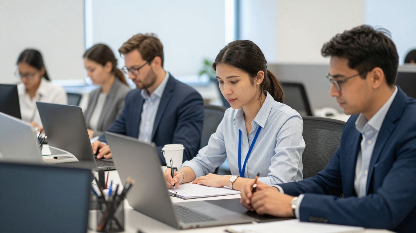 Menschen arbeiten flexibel in modernen Büroumgebungen.