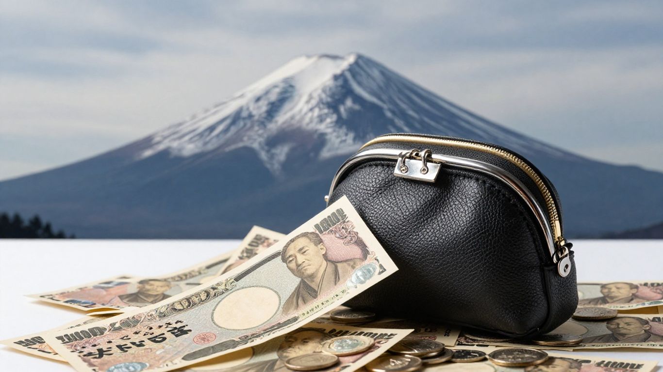 Japan's overflowing coin purse with Mount Fuji background.