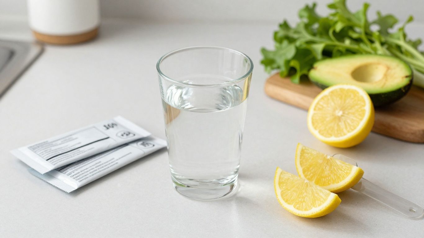 Colorful electrolyte powder beside water glass