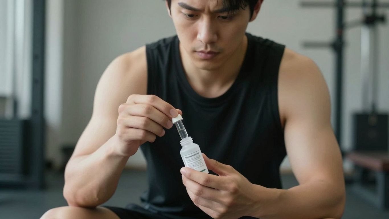 Person in gym holding a small vial.