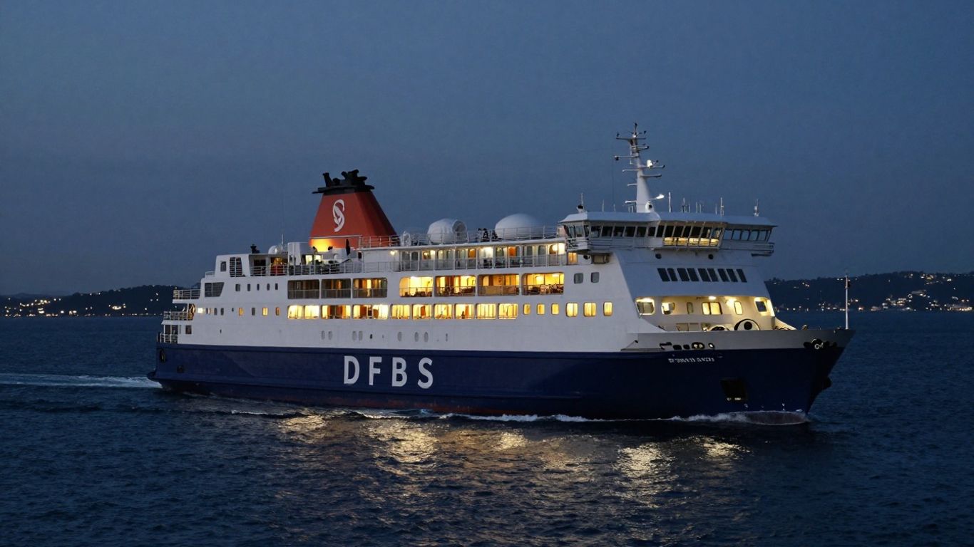DFDS ferry sailing across the sea at twilight.
