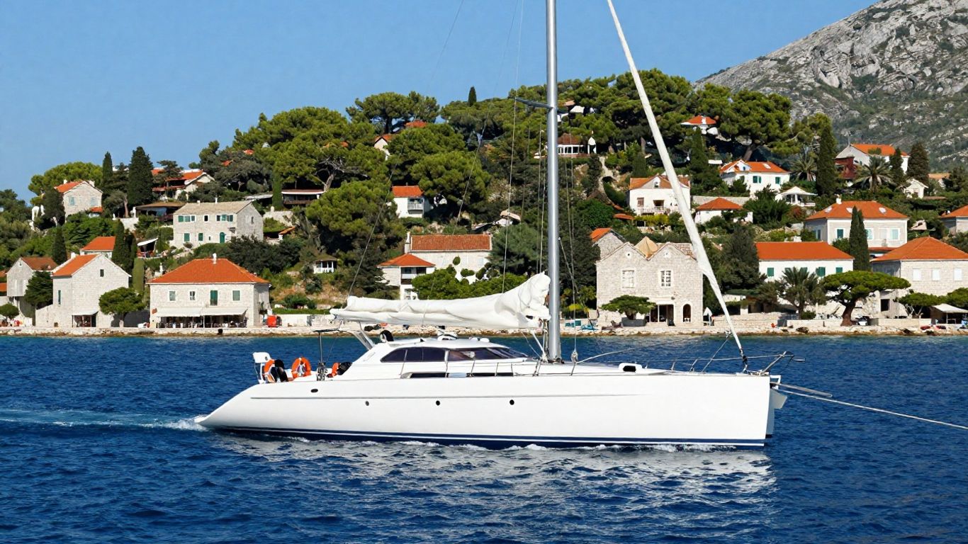 Catamaran sailing in Croatia near an island.