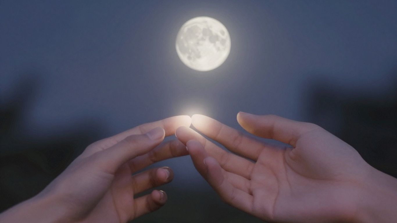 Two hands touching with a moon in the background.