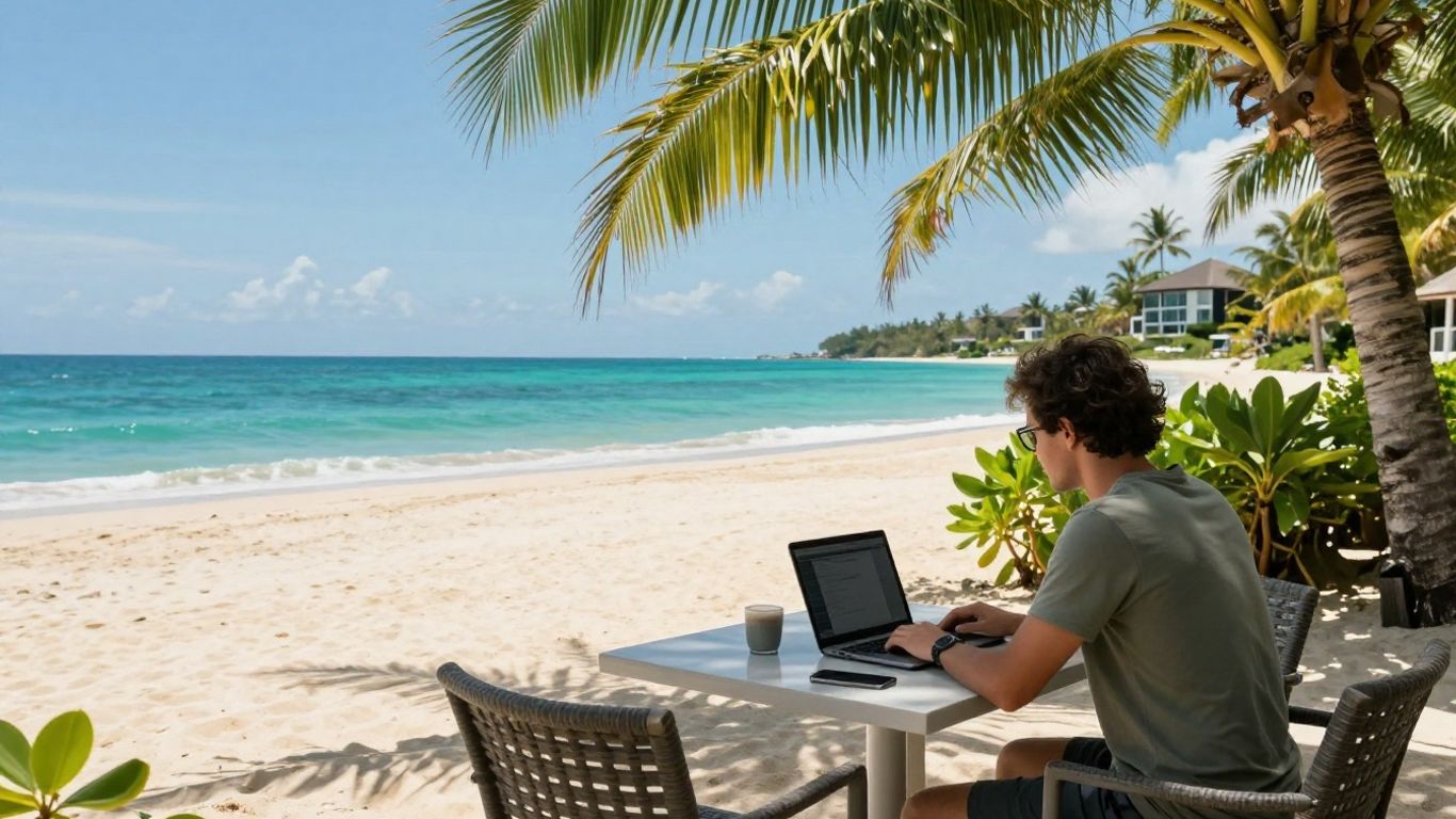 Person working on laptop on a tropical beach in Antigua.