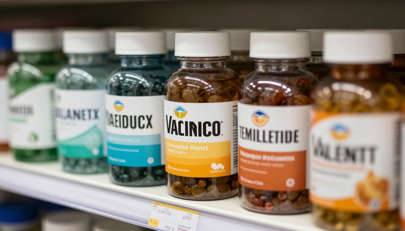 A shelf of various vitamin bottles in a store