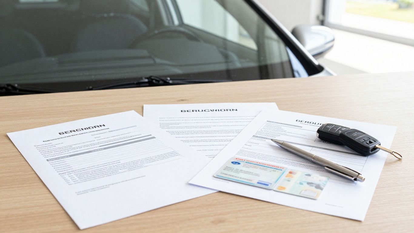 Kaufvertrag und Fahrzeugpapiere auf Autotisch