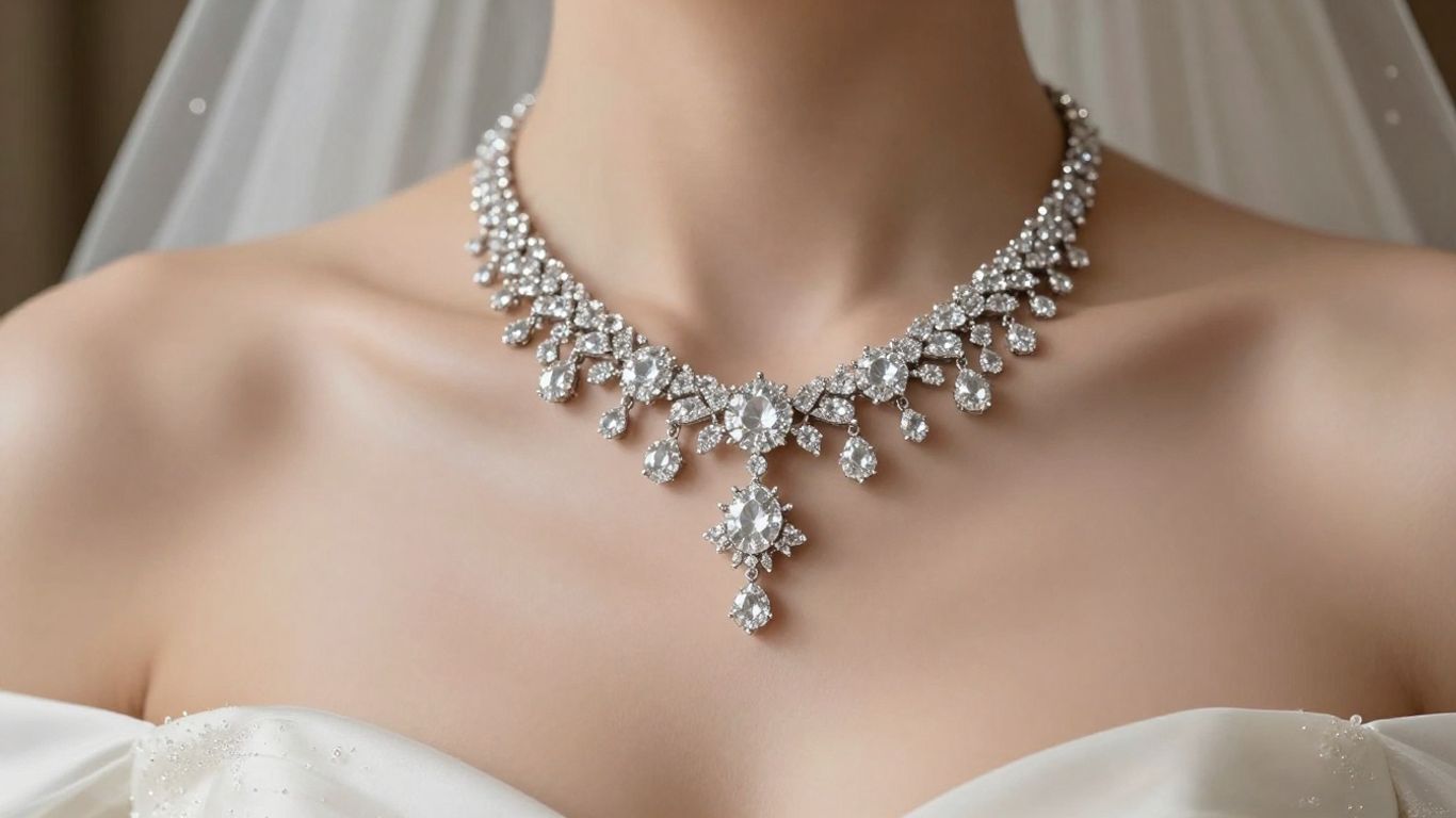 Bride wearing a diamond necklace with her wedding dress.