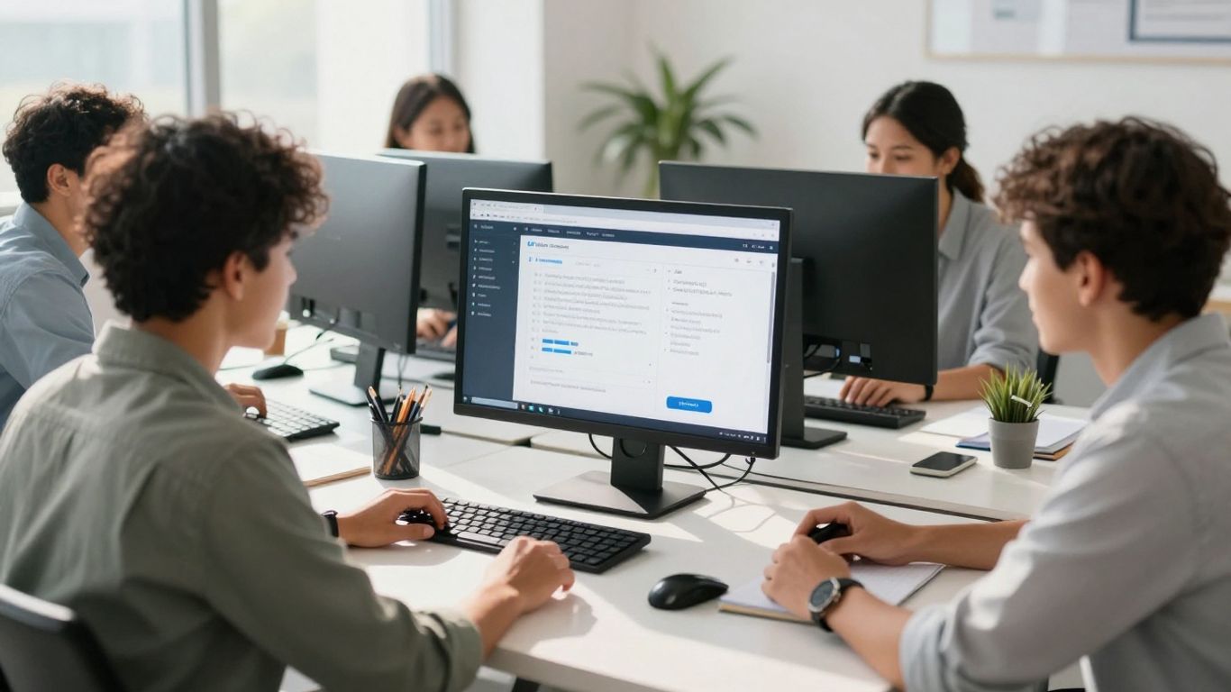 Service business team using customer management software.