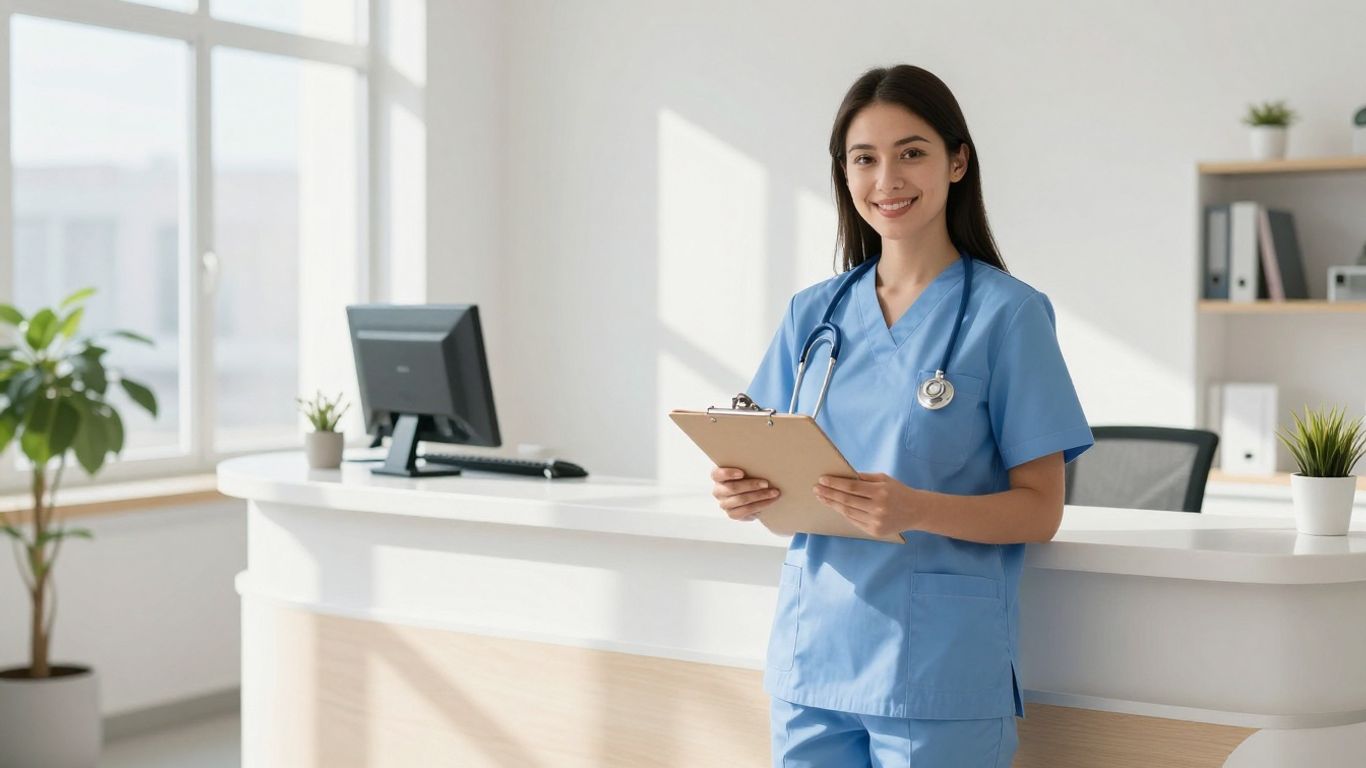 Medical administrative assistant in a clinic reception area.