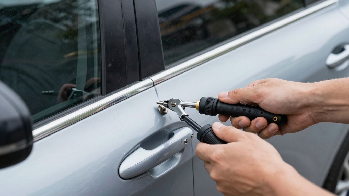 Professional locksmith working on a vehicle door