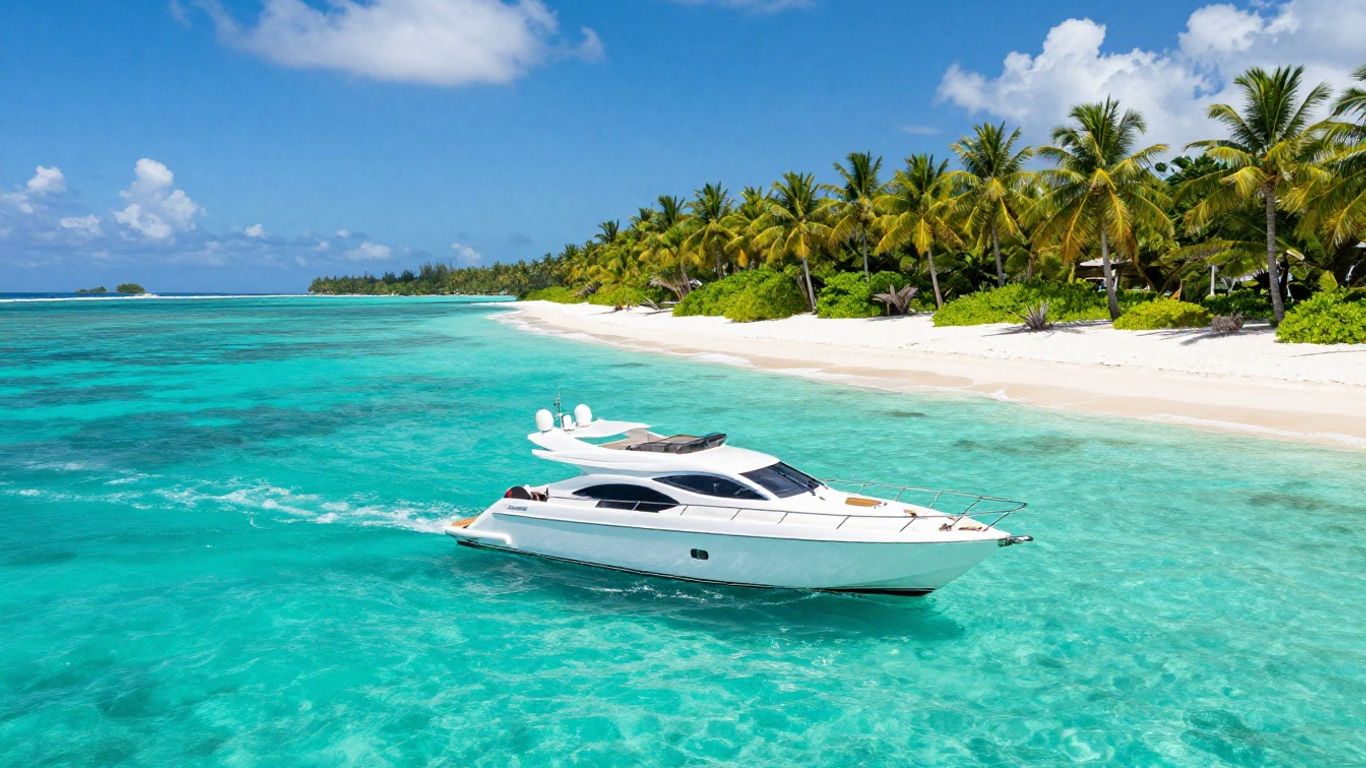 Luxury yacht sailing in clear Bahamian waters.